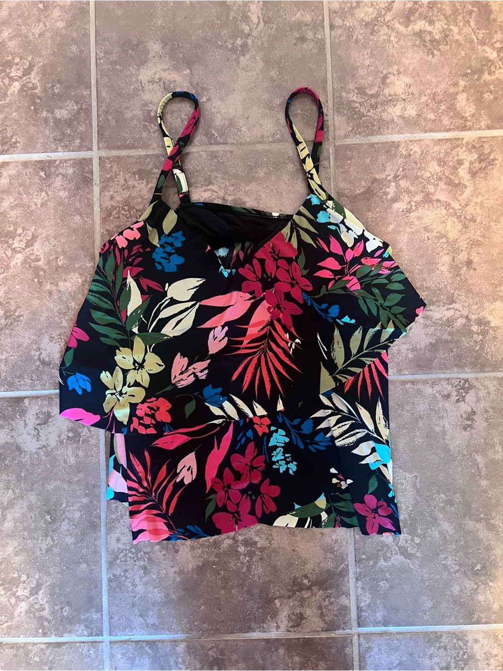 Floral Ruffle Cami Tank Top Swimwear- Black with Multicolor Print